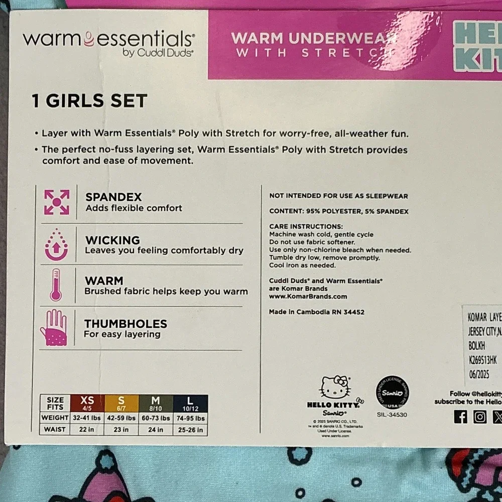 Hello Kitty‎ Girls Thermal Set Base Layer Warm Essentials Cuddl Duds LG NEW